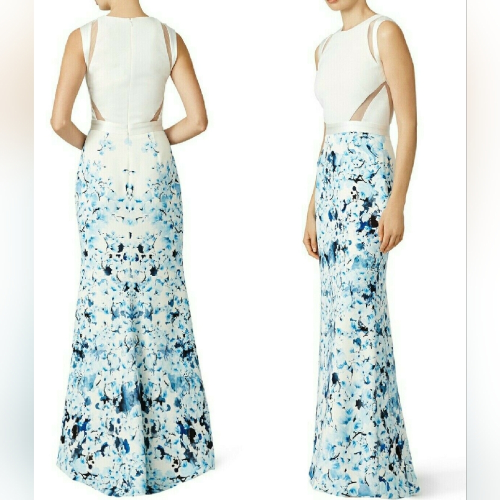 ◇*$2,000 GABRIELA CADENA BEAUTIFUL SILK WHITE BLUE FLORAL RUNWAY GOWN US 6